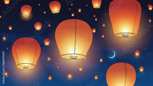 A vector graphic illustration of glowing lanterns floating in the night sky with a crescent moon