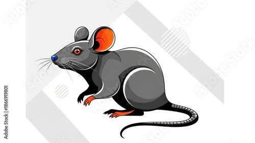 A cartoon gray mouse with orange ears and tail on a white background