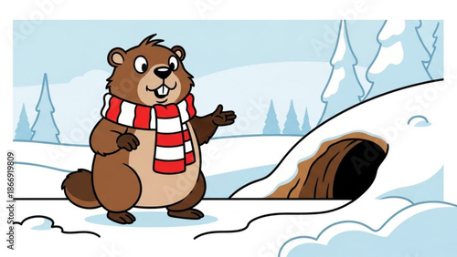 A cartoon groundhog wearing a red and white scarf stands in a snowy landscape with a burrow