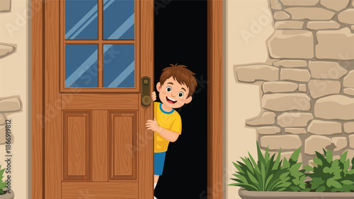 A cute and curious cartoon boy peeking from behind a partially open wooden door, smiling happily in a welcoming home scene.