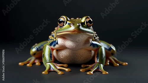 Close Up Of A Green And Yellow Frog With Detailed Eyes And Skin Texture On A Dark Gray Background
