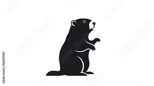 A black bear silhouette sitting upright on its hind legs in a minimalist vector graphic design