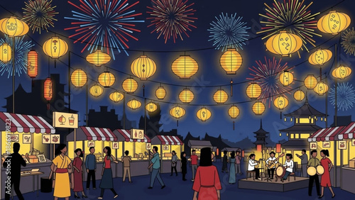 A vibrant illustration of a nighttime festival with people, lanterns, and fireworks in a lively atmosphere.
