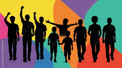 A vibrant vector illustration of a group of people walking together in celebration on a colorful background