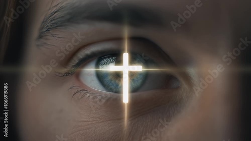 Close Up Of Blue Eye With A Glowing White Cross Overlay Symbol Of Faith And Spirituality.