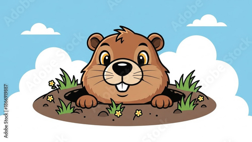 A cartoon beaver peeking out of its burrow in a sunny meadow with fluffy clouds