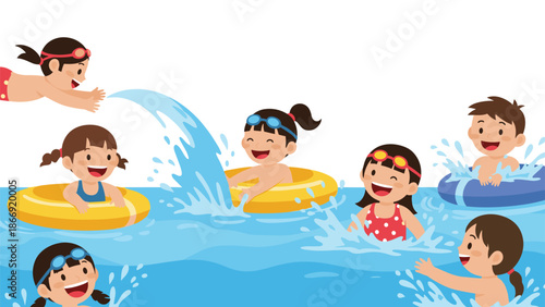 Happy cartoon children playing and splashing in a swimming pool with inflatable rings, enjoying a sunny summer day together.