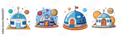 Set of four futuristic space stations, moon bases, and observatory domes