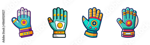 Set of colorful stylized futuristic robot gloves with unique designs