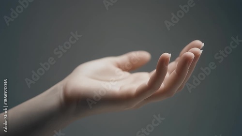 Delicate Female Hand Reaching Out Open Palm Gentle Gesture Soft Lighting Neutral Gray Background Elegant Fingers
