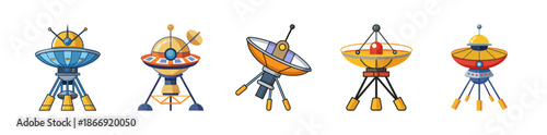 Set of colorful cartoon space exploration equipment and radar dishes