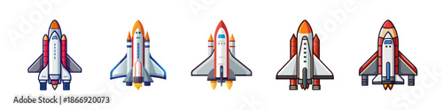 Set of five cartoon space shuttles ready for exploration journey