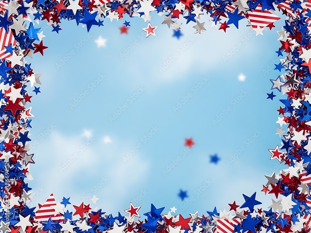 Fototapeta premium Vibrant Red, White, and Blue Star Shaped Frame Creating a Festive Patriotic Border on a Light Blue Sky Background