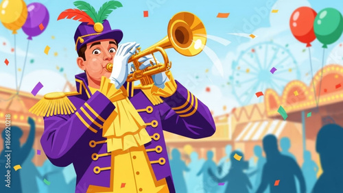 A cartoon illustration of a man in a purple and gold uniform playing a trumpet at an outdoor carnival with balloons and confetti.