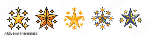 Collection of diverse shiny gold and blue star illustrations with sparkles