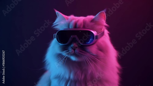 Fluffy White Cat Wearing Futuristic Digital Goggles With Pink And Blue Neon Lights Glowing In Dark Studio