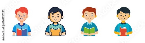 Young boys reading books, learning and education concept illustration