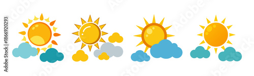 Sunny and partly cloudy weather forecast flat cartoon vector icons