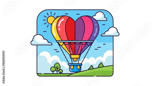 A colorful heart-shaped hot air balloon flying over a green landscape with trees and clouds in a blue sky