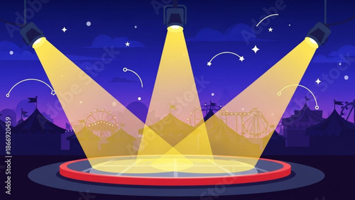 A vibrant vector illustration of three spotlights shining down on a circular stage at a nighttime carnival or fair with a purple and blue sky