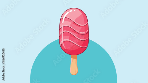 An illustration of a shiny pink strawberry or raspberry flavored popsicle on a wooden stick, featuring decorative wavy lines against a light blue circular backdrop.