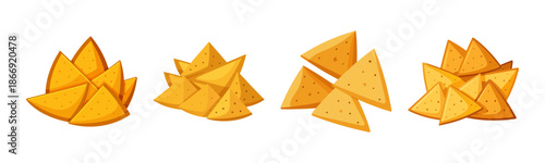 Crispy triangular corn tortilla chips set on clean white background
