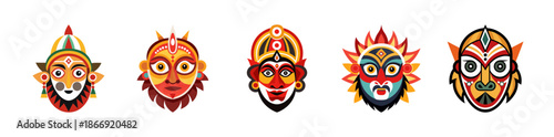 Colorful traditional tribal masks set for cultural art and festival design