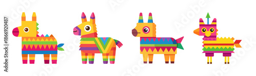 Four vibrant piñata set icons for festive celebration and party fun