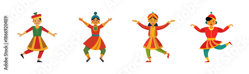 Joyful cartoon characters in traditional indian attire performing folk dance