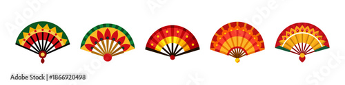 Traditional colorful ornate hand fans set, vibrant cultural patterns