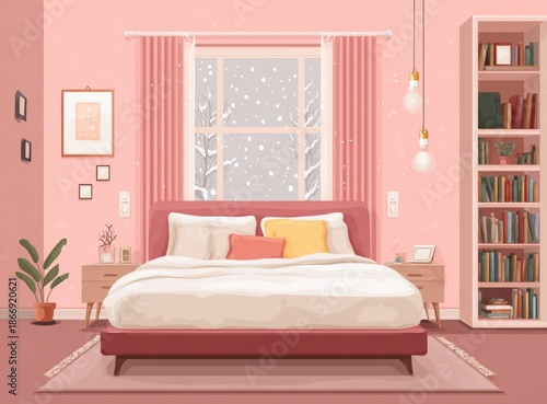 cozy winter bedroom interior illustration