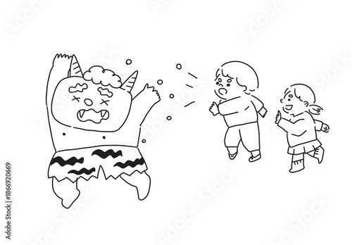Children Throwing Beans at a Red Oni on Setsubun