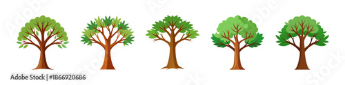 Set of five stylized green trees, natural cartoon illustration on white