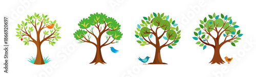 Four stylized trees with green leaves and colorful birds, nature concept