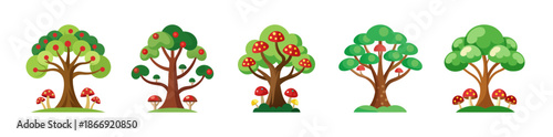 Diverse cartoon trees with red fruits and mushrooms for kids designs
