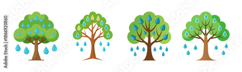 Cartoon trees receiving water droplets, symbolizing nature and growth