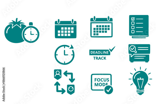 Productivity Time Management Planner Icon Set Pomodoro Timer Calendar Task Prioritization Deadline Tracker Workflow Focus Mode Organizational Black White Vector