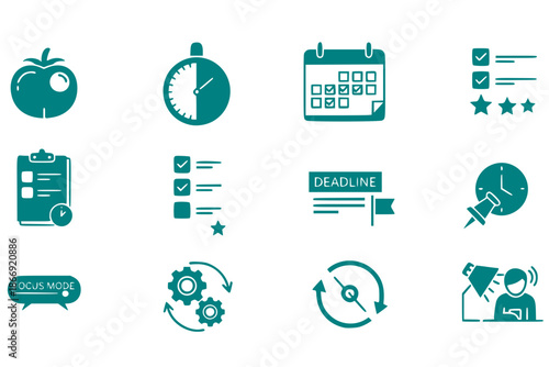 Productivity Time Management Planner Icon Set Pomodoro Timer Calendar Task Prioritization Deadline Tracker Workflow Focus Mode Organizational Black White Vector