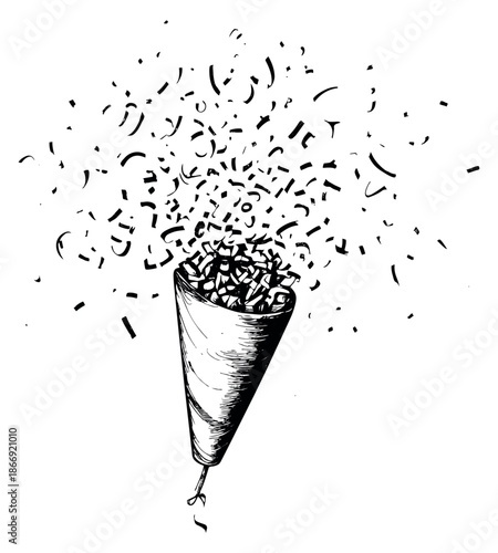 Hand drawn line art illustration of a party popper depicting confetti bursting for celebrations