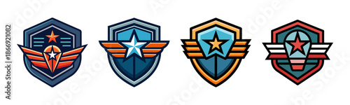 Military shields and badges with stars and wings vector illustration set