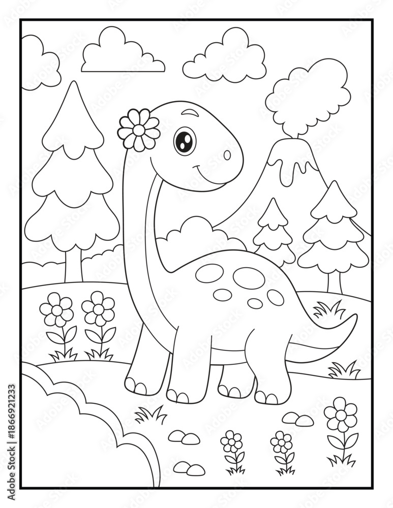 Obraz premium Cute Baby Dinosaur Coloring Page for Kids. Smiling Long Neck Dino in Nature Scene. Simple Black and White Line Art Illustration