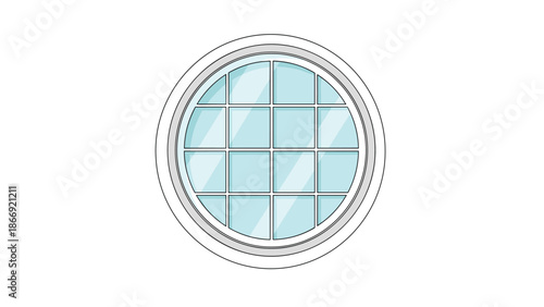 A simple and clean illustration of a classic round porthole window with multiple panes of glass, isolated on a white background with a thin outline.