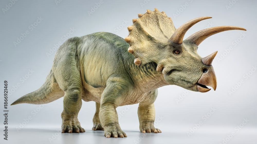 Fototapeta premium Large triceratops dinosaur standing in profile, showcasing detailed textures and vibrant colors, perfect for educational and creative projects