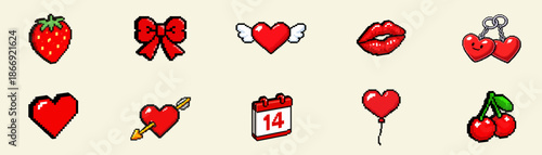 Valentine's Day 3d Icon Sticker | Valentine Sticker Illustration | Cute Heart Pixel Art | Romantic Illustration