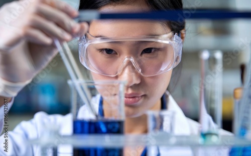 A focused scientist conducts an experiment, carefully adding a solution to a test tube in a laboratory setting.
