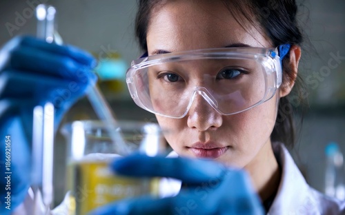 A focused scientist in goggles conducts an experiment, carefully examining a test tube filled with liquid in a laboratory setting.