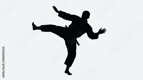 Martial Artist Performing Kick in Uniform.