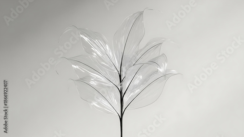 Transparent leafy plant stem with clear leaves on gray background