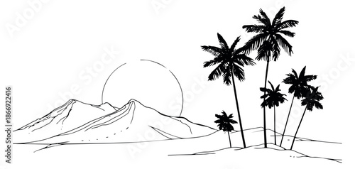 Hand drawn illustration of a tropical landscape depicting palm trees and mountains for a summer holiday