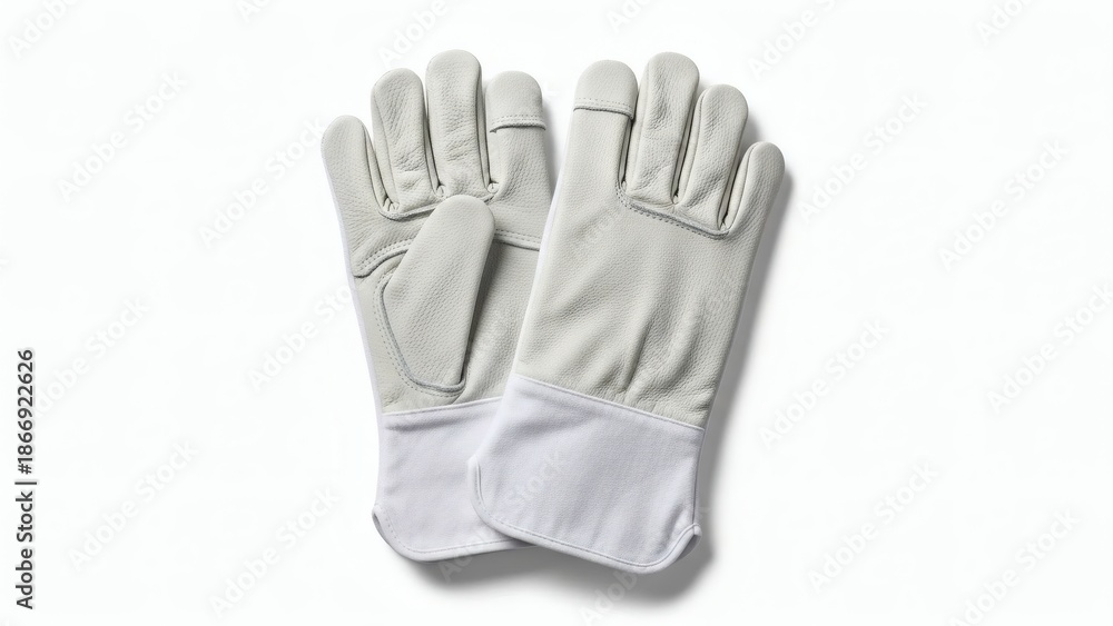 Obraz premium Clean White Leather Gloves Safety Gear Essentials on White Background.